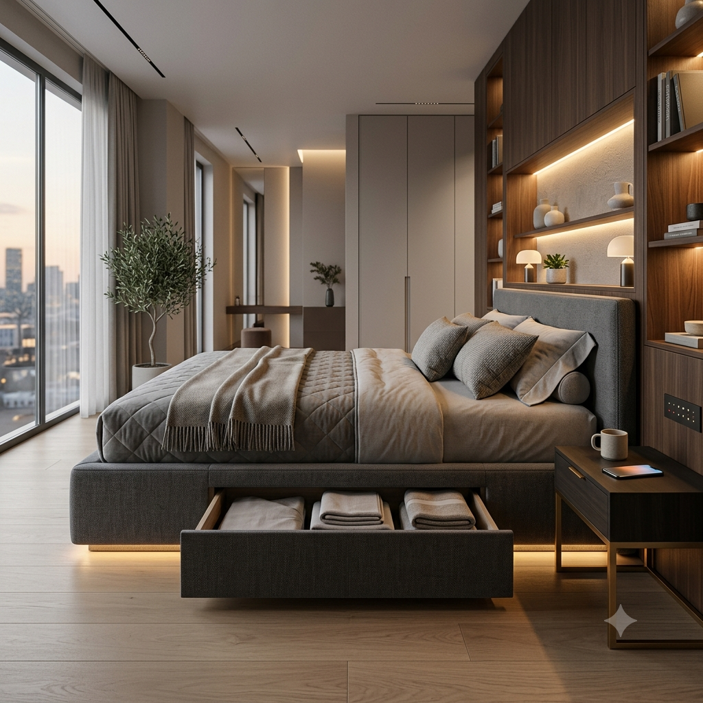 Smart bedframe with push to open drawer storage, low-profile bed frame engineered with concealed under-bed drawers that deploy via silent magnetic push-mechanisms without visible handles or hinges